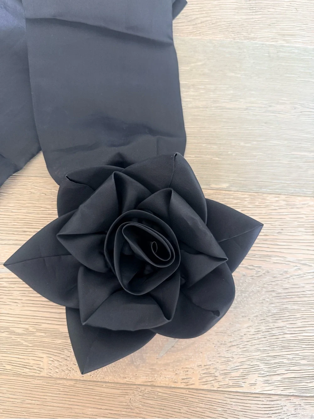 Luisa Spagnoli Black Satin Shawl with Rose Accent